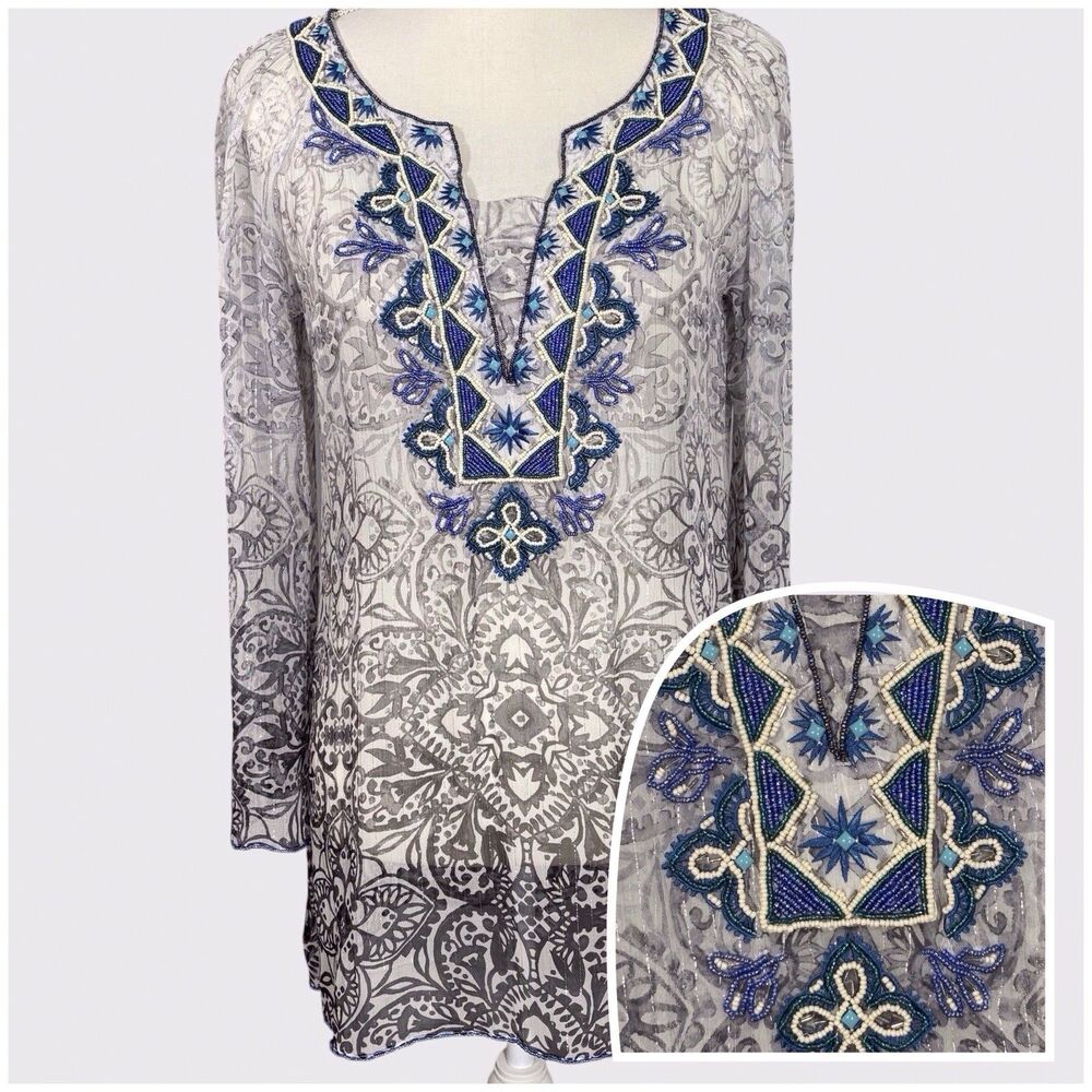 White House Black Market WHBM Sheer Silk Ombre Beaded Tunic XS Boho Blouse
